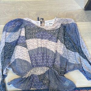 BB Dakota Blue and White Asymmetrical Tie Front Blouse